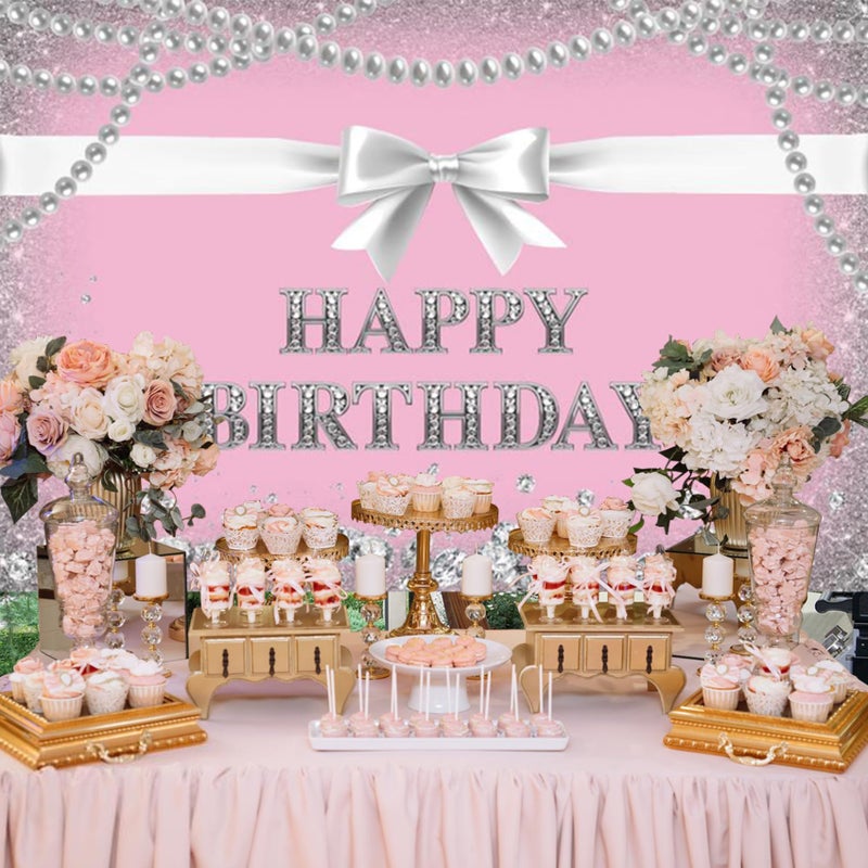 Baocicco 8x6.5ft Pink Happy Birthday Backdrop Photography Background Silver Bowknot Pearl Necklace Diamonds Backdrop Birthday Party Girls Princess Portrait Photo Studio Video Props - Image 4